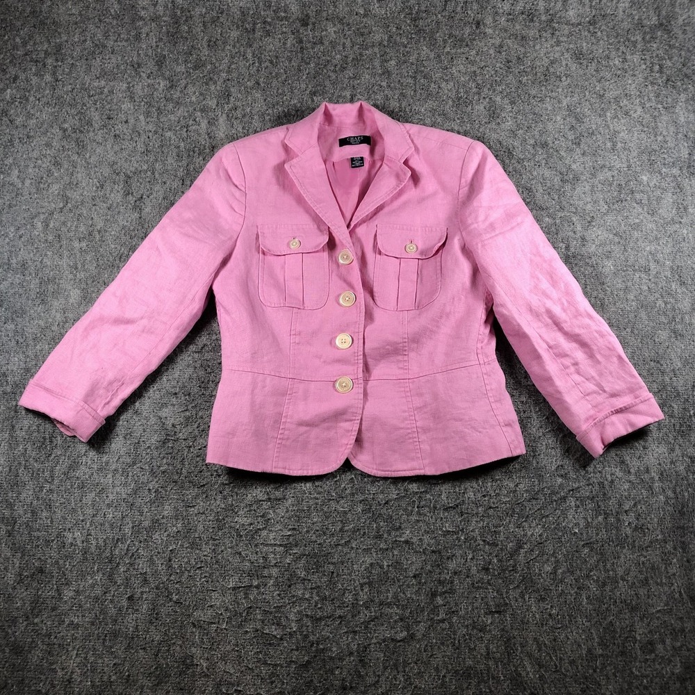 Chaps Blazer Womens P/M Pink Linen 3/4 Sleeve Jacket